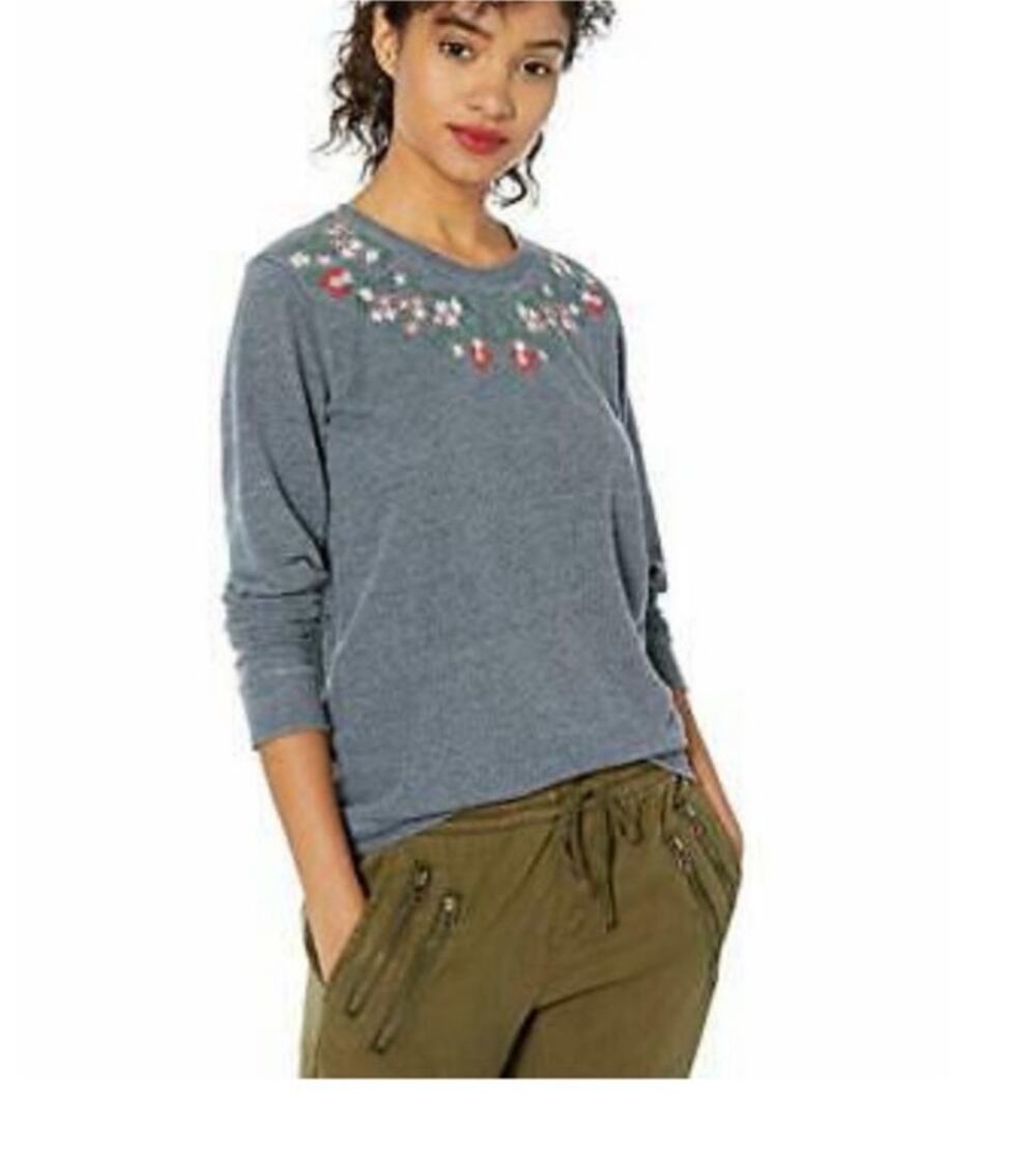 Lucky Brand Necklace Flower Embroidered Blue Sweater Size Small